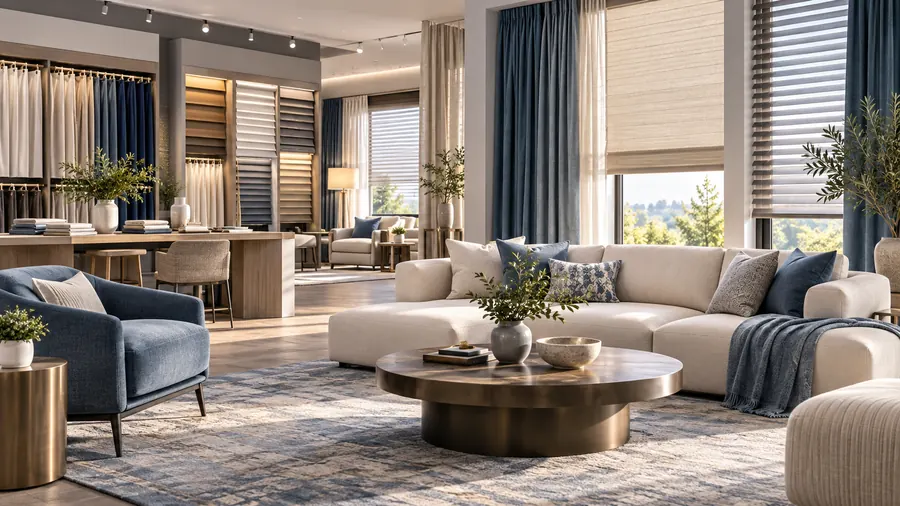Home furnishings showroom with curtains, blinds, and sofas