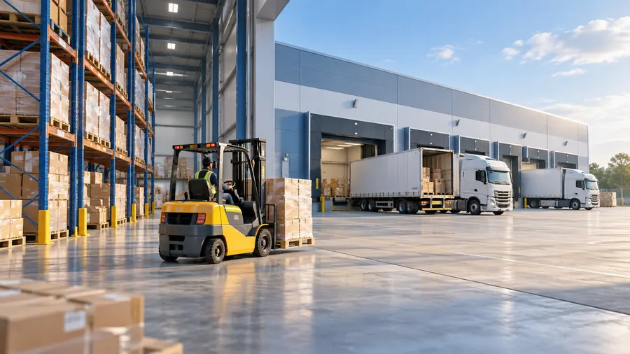 Forklift in a warehouse with trucks at loading docks