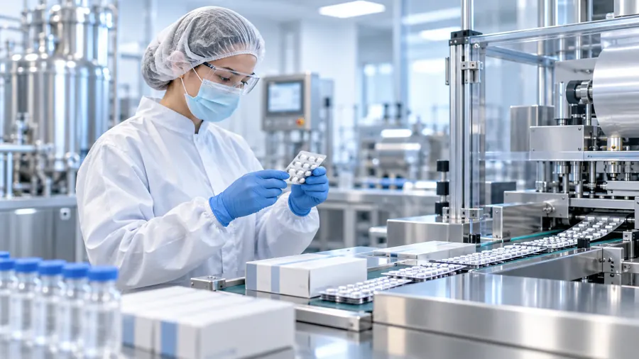 Pharmaceutical technician inspecting blister packs