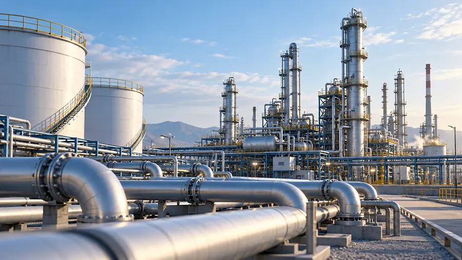 Refinery with storage tanks and pipelines