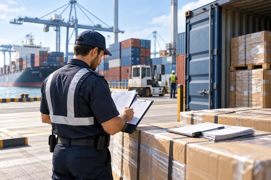 Officer checking documents beside cargo at a container port