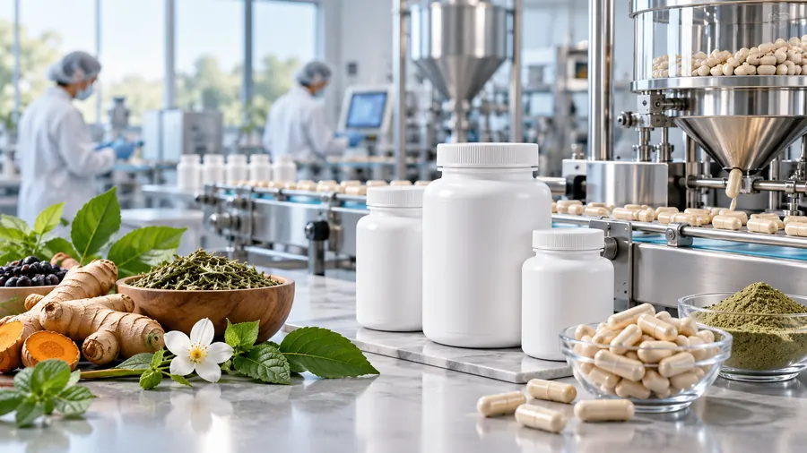 Supplement capsules and herbal ingredients beside a filling line