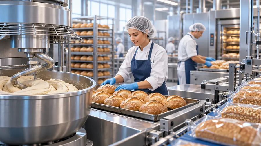 Bakery production line with fresh bread on trays