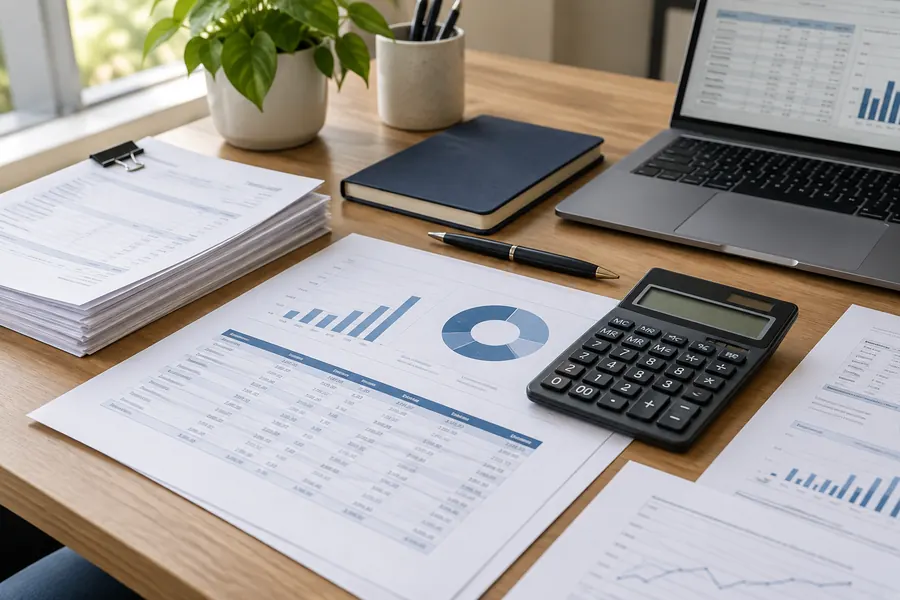 Desk with financial reports, invoices, a calculator, and a laptop showing spreadsheets