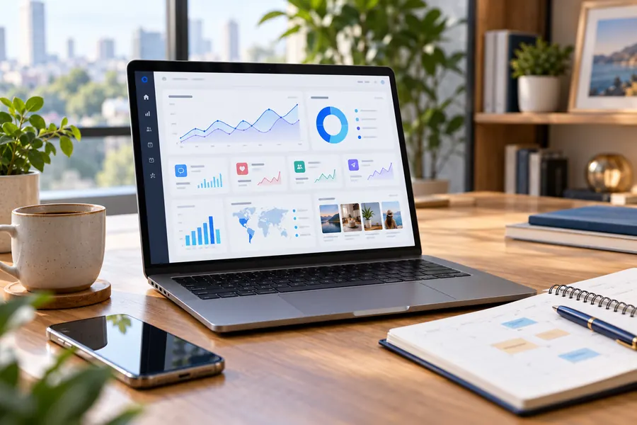 Laptop showing a social media analytics dashboard beside a content calendar